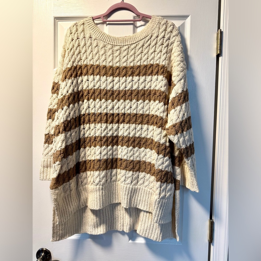 Anthropologie Pilcro Cream and Brown Loose Cable Knit Sweater - 2X